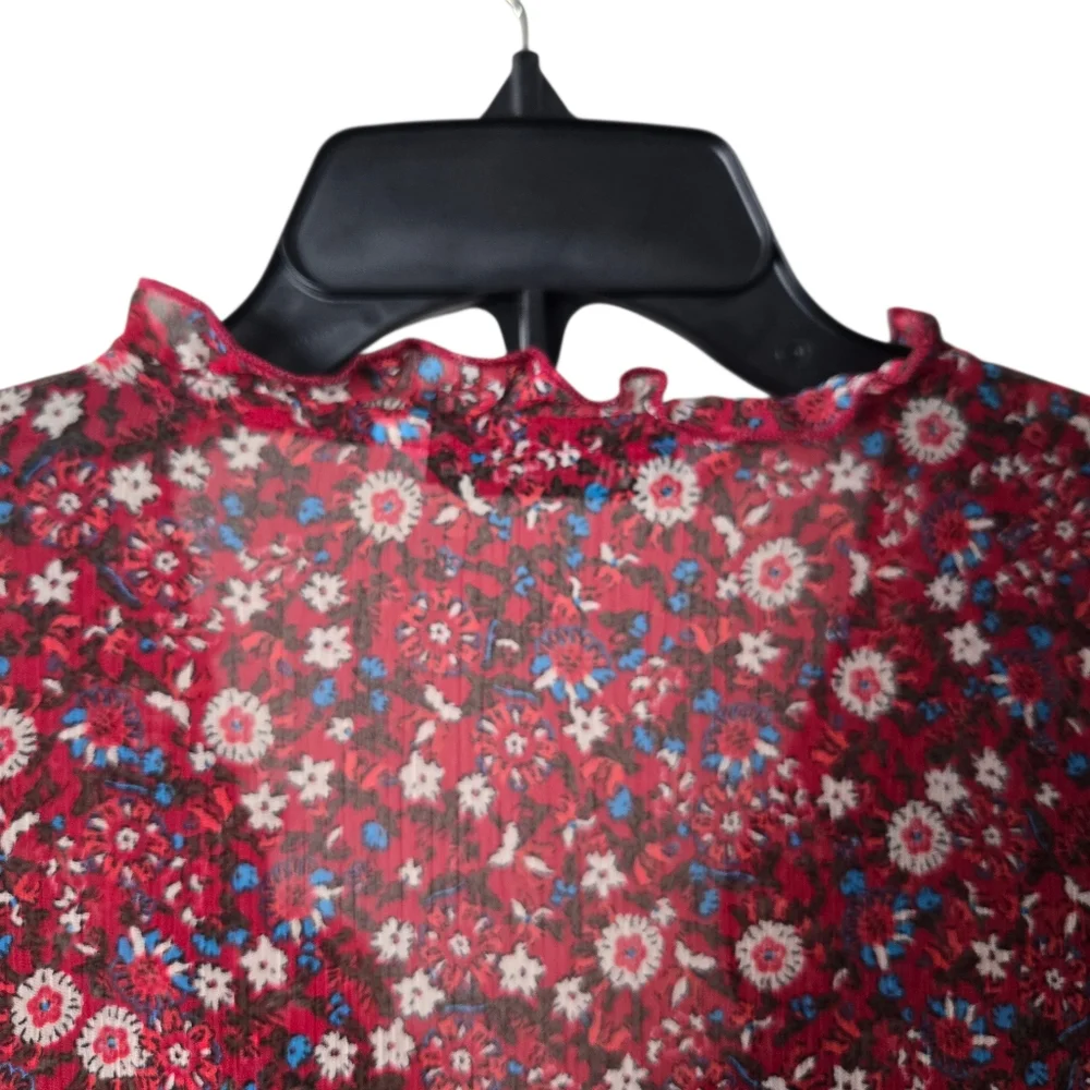 Zara Red Floral V-Neck Long Sleeve Semi Sheer Tiered Mini Babydoll Dress XL - Picture 8 of 16